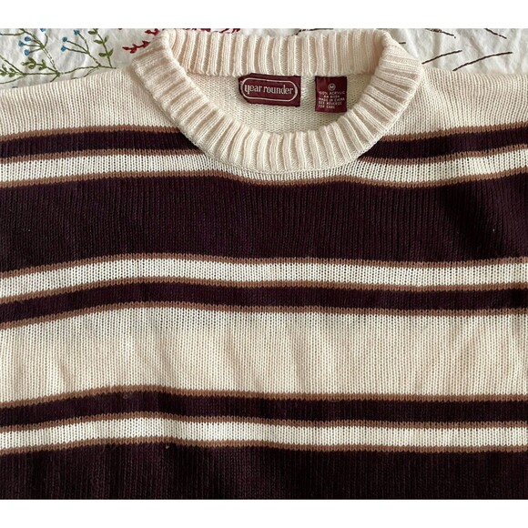 Vintage Year Rounder Sweater Men’s Medium Tan Striped Pullover Sweater - Picture 5 of 13